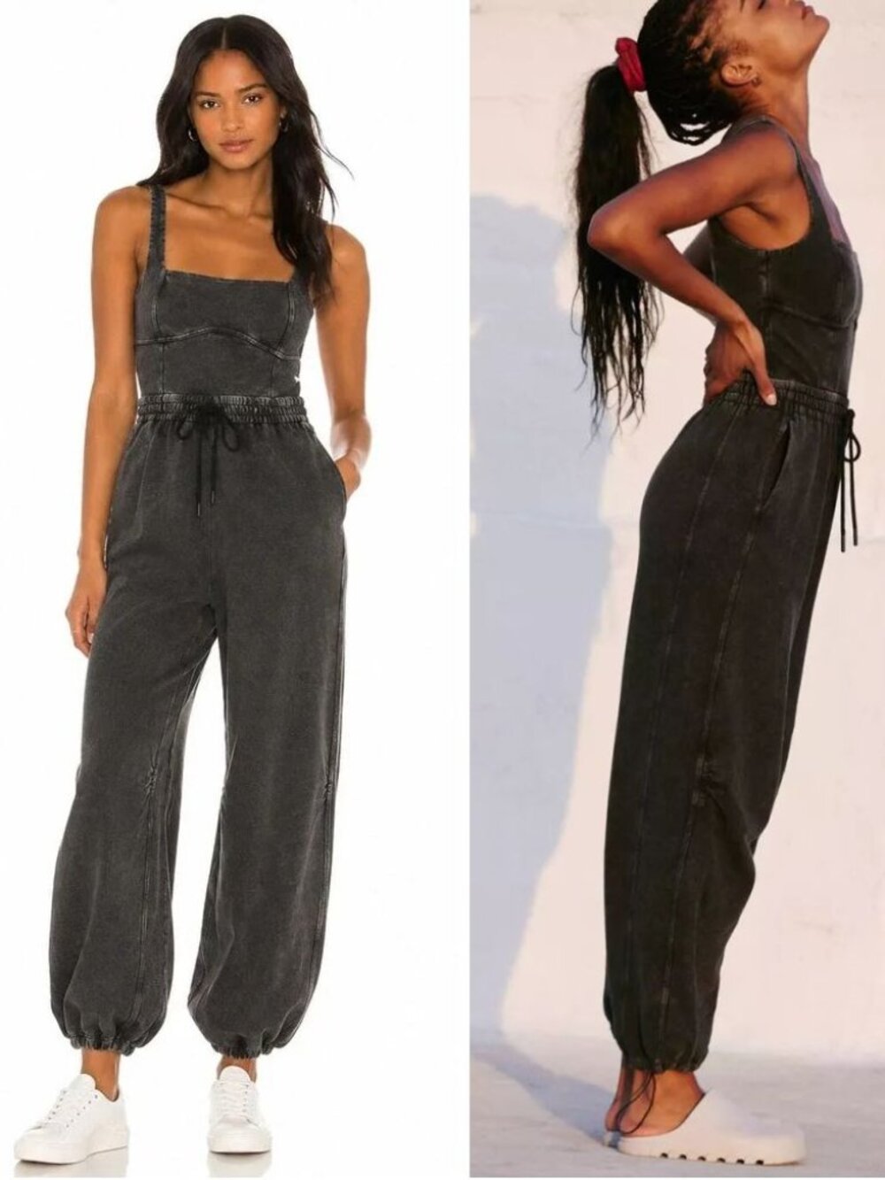 FP Movement Free People Inbound Jumpsuit Size L Black Stretch Cotton Pockets NEW